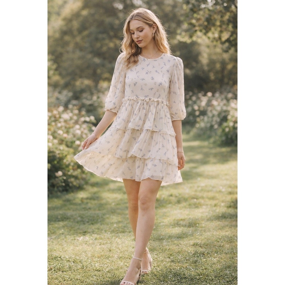 Ganni Romantic Plisse Tiered Mini Dress Puff Sleeve Cream Floral 38